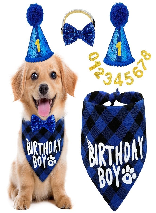 Ethanberg Dog Birthday Party Supplies, Boy Dog Birthday Decorations, Blue Dogs Bandana Hat Bow Tie with 0-8 Numbers for Small Dogs Puppy Pets - Image 1